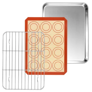 P&P CHEF 10.4 Inch Baking Oven Sheet Pan with Rack & Mat for Cookie, Stainless Steel Oven Sheet Tray Cooling Rack and Silicone Mat for Baking & Roast