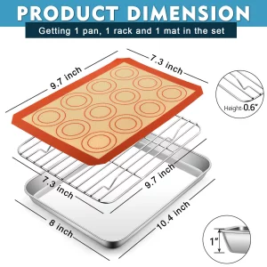 P&P CHEF 10.4 Inch Baking Oven Sheet Pan with Rack & Mat for Cookie, Stainless Steel Oven Sheet Tray Cooling Rack and Silicone Mat for Baking & Roast