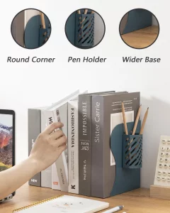 Kingsmile Book Ends, Adjustable Bookends for Shelves, Metal Bookends for Heavy Books, Book Stopper Organzier with Pen Holder for Desk, Kids Room, Off