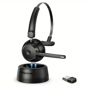 Mopchnic Bluetooth Headset, Wireless Headphone with AI Noise-Canceling Microphone for Computer, On Ear Bluetooth Headset with USB Dongle for Office C