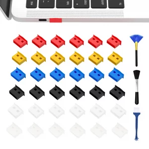 36PCS 6 Colors USB Type A Port Dust Cover Plugs,Comes with Three Multi-Function Cleaning Brushes,USB Port Standard-A Female Anti Dust Cover Plugs Pro