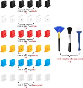 36PCS 6 Colors USB Type A Port Dust Cover Plugs,Comes with Three Multi-Function Cleaning Brushes,USB Port Standard-A Female Anti Dust Cover Plugs Pro