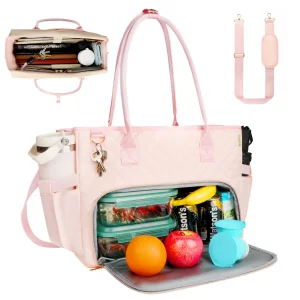 SIYNPAV Lunch Tote Bag with 15.6 Inch Laptop Compartment& Water Bottle Pocket, Quilted Nylon Work Tote Bag with Large Insulated Lunch Compartment for