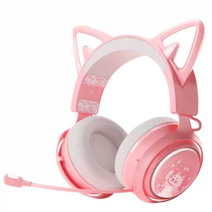 EASARS Wireless Cat Ear Headphones, Pink Gaming Headset Bluetooth 5.0 for Smartphone, Retractable Mic, 50mm Drivers, RGB Lighting Headset with Mic (U