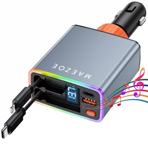 MAEZOE Retractable Car Charger with ?????-????????? ?????, 120W USB C Car Charger Adapter Fast Charging, 4-in-1 Retractable Car Phone Charger for iPh