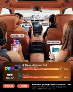 MAEZOE Retractable Car Charger with ?????-????????? ?????, 120W USB C Car Charger Adapter Fast Charging, 4-in-1 Retractable Car Phone Charger for iPh