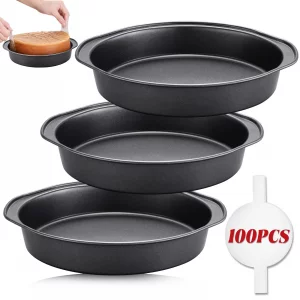 Unokit Round Cake Pan - 3 PCS 8 Inch Carbon Steel Cake Baking Pans with 100 PCS Parchment Paper, Nonstick Cake Pans with Handle, Dishwasher Safe