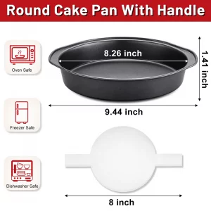 Unokit Round Cake Pan - 3 PCS 8 Inch Carbon Steel Cake Baking Pans with 100 PCS Parchment Paper, Nonstick Cake Pans with Handle, Dishwasher Safe