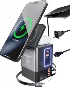 105W GaN Retractable Charger, 6-in-1 Charging Station with Magnetic Pad  MagSafe Compatible, USB-C Fast Charging for iPhone, AirPods, MacBook, Apple