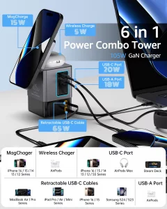 105W GaN Retractable Charger, 6-in-1 Charging Station with Magnetic Pad  MagSafe Compatible, USB-C Fast Charging for iPhone, AirPods, MacBook, Apple
