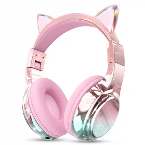 QearFun Kids Cat Ear Bluetooth Headphones, 60H Playtime, 74/85/94dB Safe Volume Limit, Metallic Gradient Wireless Headset with Mic, Fast Charging, Fo
