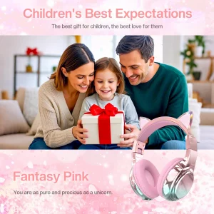 QearFun Kids Cat Ear Bluetooth Headphones, 60H Playtime, 74/85/94dB Safe Volume Limit, Metallic Gradient Wireless Headset with Mic, Fast Charging, Fo