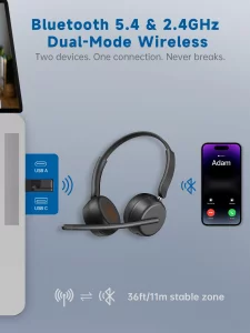 SEJJ Wireless Headset with Mic for Work, Bluetooth 5.4 Headphones with AI Noise-Canceling Mic for Clear Calls, Wireless Headsets with Mic Mute & USB 