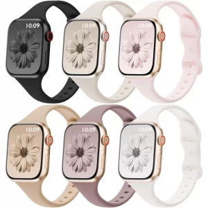 6 Pack Thin Bands Compatible with Apple Watch Band 38mm 40mm 41mm 42mm 44mm 45mm 46mm 49mm Women Men, Sport Silicone Strap Slim Wristband for iWatch 