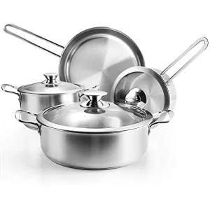 Stainless Steel Pots and Pans Set, 7-Piece Kitchen Cookware Sets with Glass Lids, Stay-Cool Handle, Oven Safe, Works with Induction/Electric and Gas 