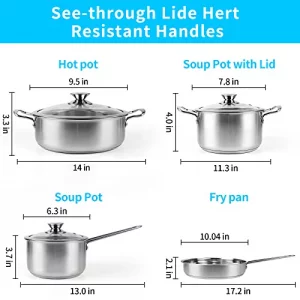 Stainless Steel Pots and Pans Set, 7-Piece Kitchen Cookware Sets with Glass Lids, Stay-Cool Handle, Oven Safe, Works with Induction/Electric and Gas 