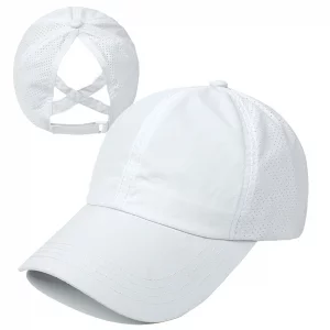 HGGE Womens Criss Cross Ponytail Baseball Cap Adjustable High Messy Bun Ponycap Trucker Hats Quick Drying Mesh Dad Hat for Outdoor Sports Travel Whit