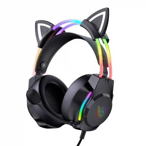 ONITOON Gaming Headset with Microphone, Cat Ear Headphones for PC Laptop PS4 PS5 Xbox Switch, Rainbow RGB Lighting & Virtual Surround Sound, 3.5mm Wi