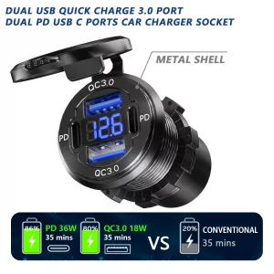 Dual PD USB C Ports & Dual Quick Charge 3.0 Ports Car Charger Socket, VANONE Aluminum Alloy Waterproof 12V USB Outlet, Accessories for Car Boat Marin