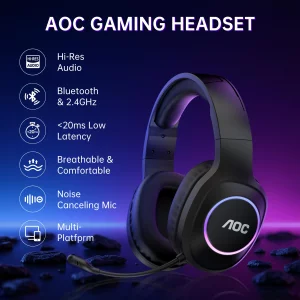 AOC Wireless Gaming Headset Compatible with PS5/4, Nintendo Switch, PC, Bluetooth 5.4 & 2.4GHz Gaming Headphones with Noise Canceling Mic, RGB, Type-