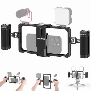 NEEWER Upgraded Phone Rig Vlogging Kit, Video Stabilizer with Dual Handle, Wireless Mic Clip Slot for Tiktok/YouTube, Compatible with SmallRig iPhone