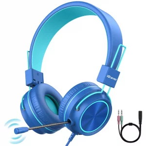 iClever HS21 Kids Headphones with Microphone for Virtual School- Rotatable Extendable Mic - 94 dB Volume-Safe Headphones for Kids, Wired Foldable Kid