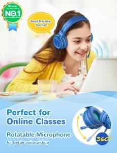 iClever HS21 Kids Headphones with Microphone for Virtual School- Rotatable Extendable Mic - 94 dB Volume-Safe Headphones for Kids, Wired Foldable Kid