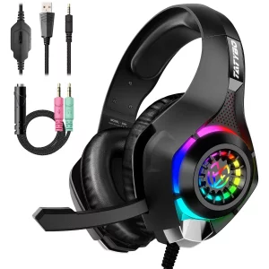 Tatybo Gaming Headset for PS4 PS5 Xbox One PC, Over-Ear Gaming Headphones with Surround Sound, Noise Canceling Mic, RGB Light
