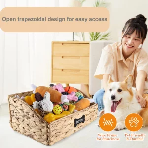 Brabtod Trapezoid Pet Dog Toy Basket,Collapsible Dog Toy Bin,Wicker Basket for Dog Cat Toys,Pet Toy Box,Dog Storage Organizer for Leash Blanket Toys 
