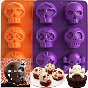 Skull Molds for Baking, 2 Pack Halloween Silicone Molds Baking Pan with 100pcs Treat Bags, 6 Different Skull Shape Chocolate Covered Oreos Cookie Mol