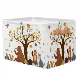 Forest Animals Bear Squirrel Rectangle Storage Basket with Leather Handle - Owls Tree Collapsible Nursery Hamper Cute Toy Box Book Shelf Baskets - Cl
