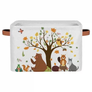 Forest Animals Bear Squirrel Rectangle Storage Basket with Leather Handle - Owls Tree Collapsible Nursery Hamper Cute Toy Box Book Shelf Baskets - Cl