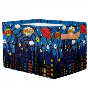 LLCXCSI Kid Storage Basket City Skyline Collapsible Organizer Bin Rectangle Blue Hero Comic Gift Baskets for Nursery Decor Book Shelf Clothes Toy Tow