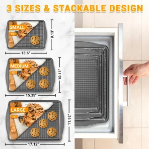 Funnydin Baking Pan Set of 3 - Carbon Steel Baking Sheets with Cooling Racks, 13/15/17 Inch, Nonstick Cookie Sheets for Baking, Rust & Warp Resistant