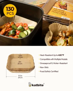 Katbite Air Fryer Liners Disposable - 8 inch Square Non-Stick Airfryer Paper Liners, Unbleached Parchment Paper for 5 to 8 Qt Basket, Frying, Baking,