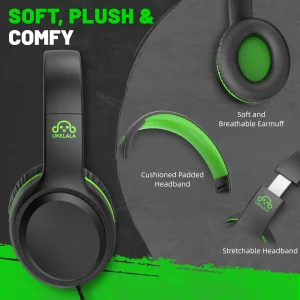 UKELALA Green Wired Headphones for Boys Portable On Ear Youth Headphones for School Airplane Travel Lightweight Portable Compatible with Pad Computer