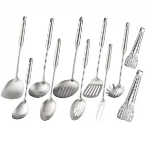 18/10 Stainless Steel Kitchen Utensils Set - 15 All Metal Cooking Tools, 11Pcs - 2 Tongs, Fork, Solid Spoon, Slotted Spoon, Spatula, Soup Ladle, Ski
