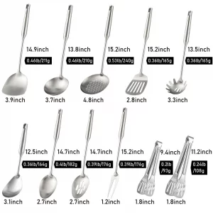 18/10 Stainless Steel Kitchen Utensils Set - 15 All Metal Cooking Tools, 11Pcs - 2 Tongs, Fork, Solid Spoon, Slotted Spoon, Spatula, Soup Ladle, Ski