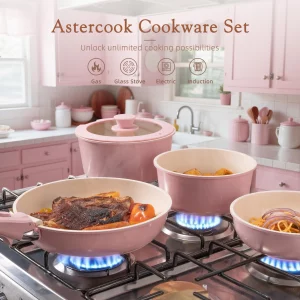 Astercook 21 Pcs Pots and Pans Non Stick Ceramic Cookware Set, Detachable Handles, RV Kitchen Cooking Set, Oven Safe, Induction Ready, Stackable, Pin