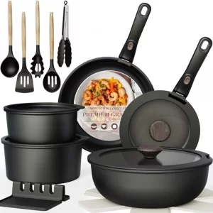 Astercook Non Stick RV Pots and Pans Ceramic Kitchen Cookware Set with Detachable/Removable Handle, Oven Safe, Induction Ready, Stackable, Black, 21 