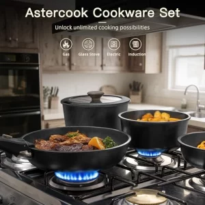 Astercook Non Stick RV Pots and Pans Ceramic Kitchen Cookware Set with Detachable/Removable Handle, Oven Safe, Induction Ready, Stackable, Black, 21 