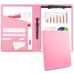 Geila Padfolio Portfolio A4 Clipboard Folder, Suitable for Work, Writing, and Meetings, Faux Leather Folder with A4 Paper and Pen (Pink)