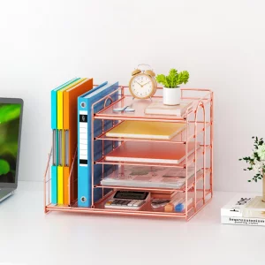 Marbrasse Desk Organizer with File Holder, 5-Tier Paper Letter Tray, Mesh Desk Accessories, Magazine Holder, Desktop Organizer and Storage for Office