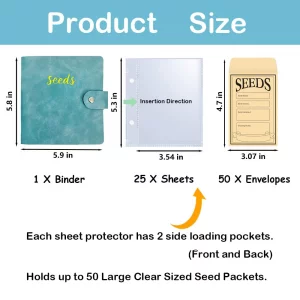 Seed Storage Organizer Binder, Leather Seed Packet Organizer with 50 Clear Pockets(25 Pack Sheet Sleeves) and 50 Pack Seed Envelopes, Garden Seed Hol