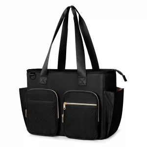 Prokva Teacher Tote with Laptop Compartment, Large Utility Bag for Women Work and Teacher Supplies, Black (Empty, Patent Design)
