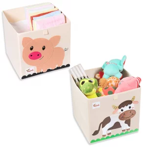LIOUCBD 2 Pcs Toy Storage Box, 13 x 13 x 13 Inch Foldable Cube Storage Bins, Collapsible Fabric Animal Toy Bins Chest Basket for Kids Baby Toddlers O