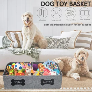 Brabtod Large Dog Toy Basket,Dog Toy Box for Living Room Area,Collapsible Dog Toy Bin with Divider,Trapezoid Dog Toy Storage-with DIY Tag,Dog Organiz