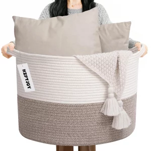 HZFTJOY Large Blanket Basket for Organizing,65L Closet Organizers and Storage Bins Box for Shelves Woven Rope Storage Baskets,Living Room,Bedroom,Dor