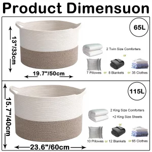 HZFTJOY Large Blanket Basket for Organizing,65L Closet Organizers and Storage Bins Box for Shelves Woven Rope Storage Baskets,Living Room,Bedroom,Dor
