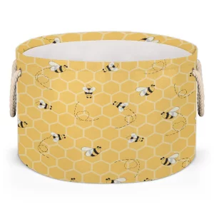 FengQuGou Cute Yellow Bee Large Storage Basket Honeycomb Bee Round Laundry Basket with Handle Organization Collapsible Storage Bins Box Hamper for Ki